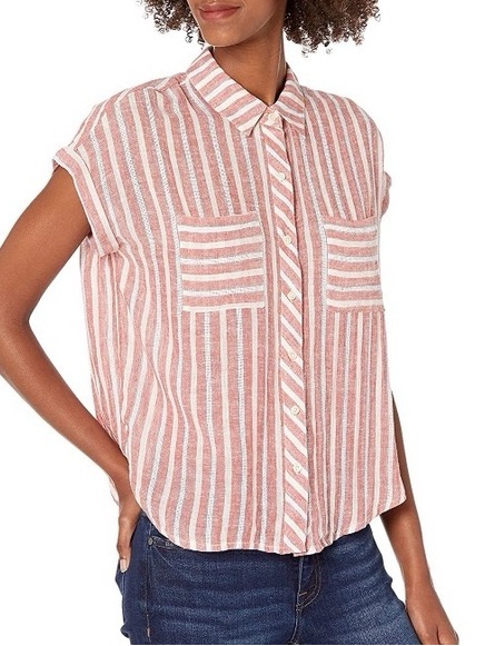 Striped Red Button-Front Cap-Sleeve Top